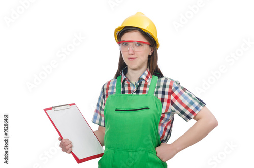 фотографія Female worker wearing coverall isolated on white