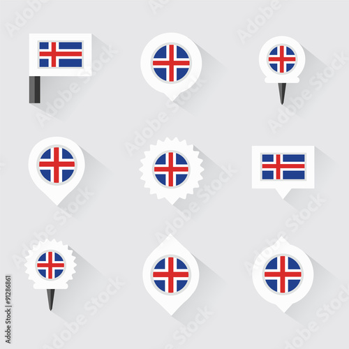 Iceland flag and pins for infographic, and map design