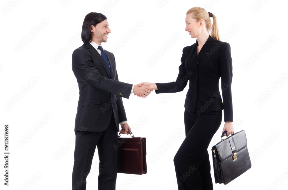 Businessman and businesswoman with briefcases isolated on white Businessman and businesswoman with briefcases isolated on white