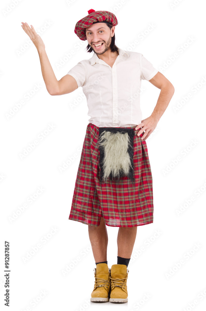 Man in scottish skirt isolated on white Man in scottish skirt isolated on white