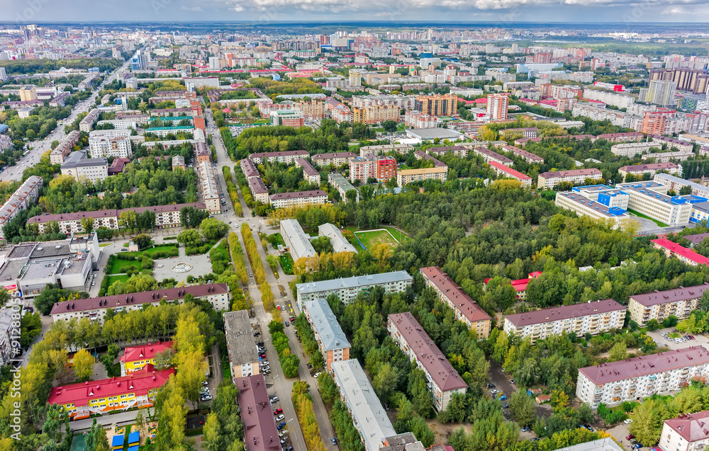 Aerial urban view on Rizhskaya street. Tyumen