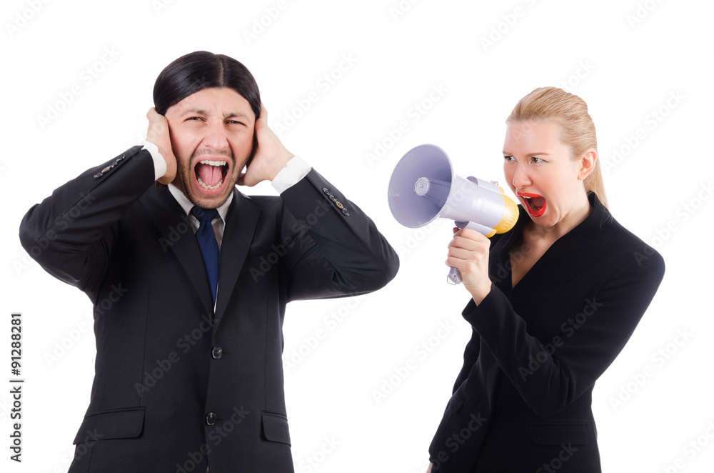 Businessman and businesswoman with megaphone isolated on white Businessman and businesswoman with megaphone isolated on white