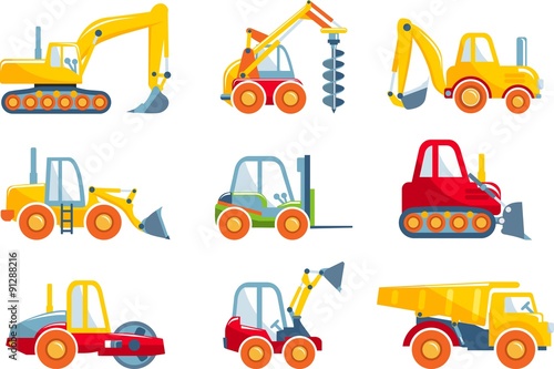 Set of toys heavy construction machines in a flat style.