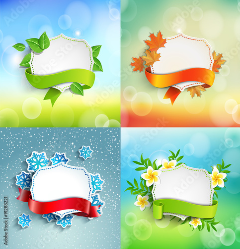 Vintage frame with ribbon and place for the text with tropical flowers and leaves on a natural bokeh background, vector illustration.