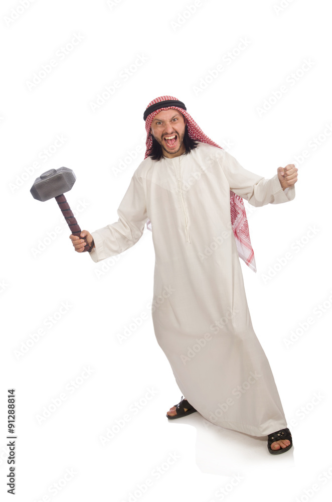 Angry arab man with hammer isolated on white Angry arab man with hammer isolated on white
