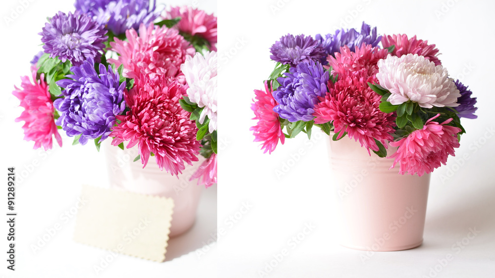 Obraz premium Bouquet of asters in a decorative bucket