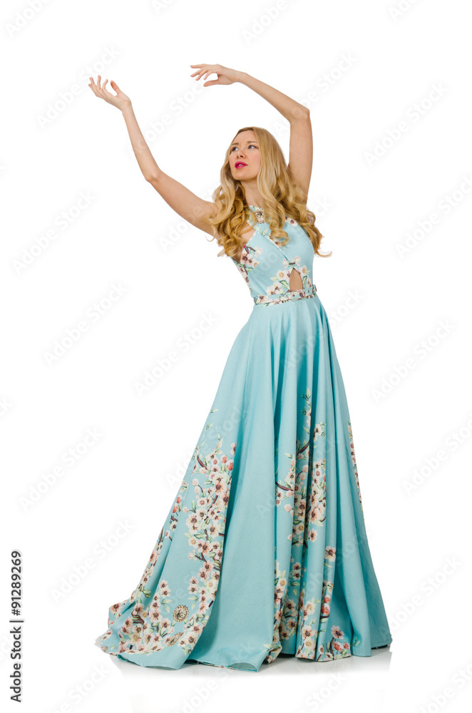 Woman in blue long dress with flower prints isolated on white Woman in blue long dress with flower prints isolated on white