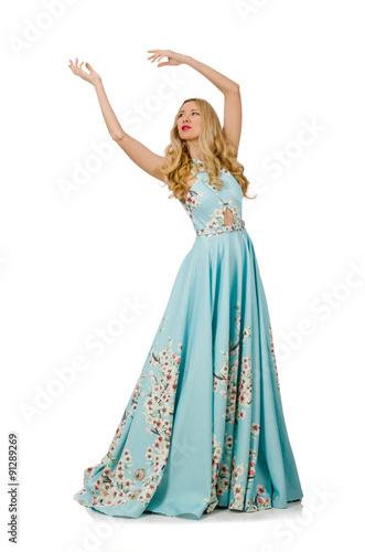 Woman in blue long dress with flower prints isolated on white