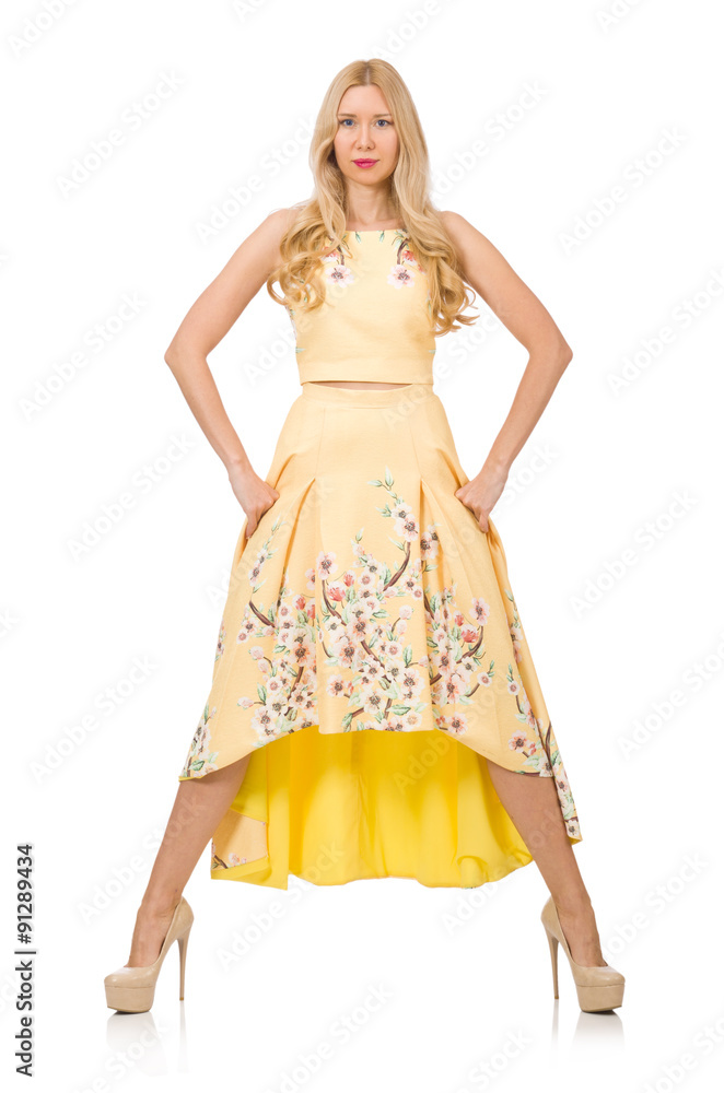 Blond girl in charming dress with flower prints isolated on whit Blond girl in charming dress with flower prints isolated on whit