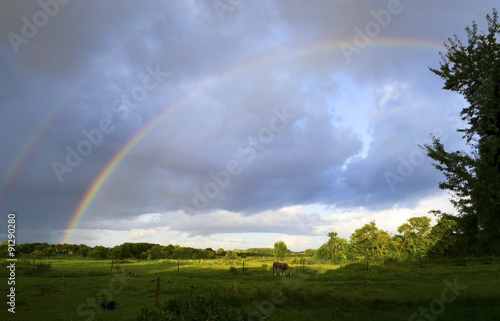 sky and rainbow after thunderstorm over a wide country landscape