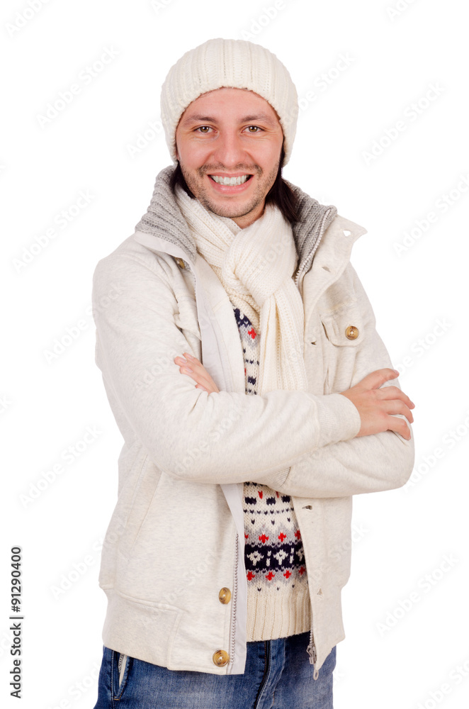 Young man in winter clothes isolated on white Young man in winter clothes isolated on white