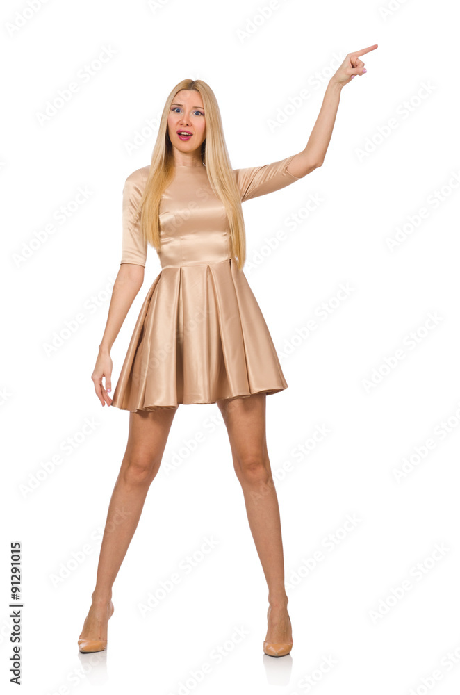 Pretty girl in satin mini dress isolated on white Pretty girl in satin mini dress isolated on white