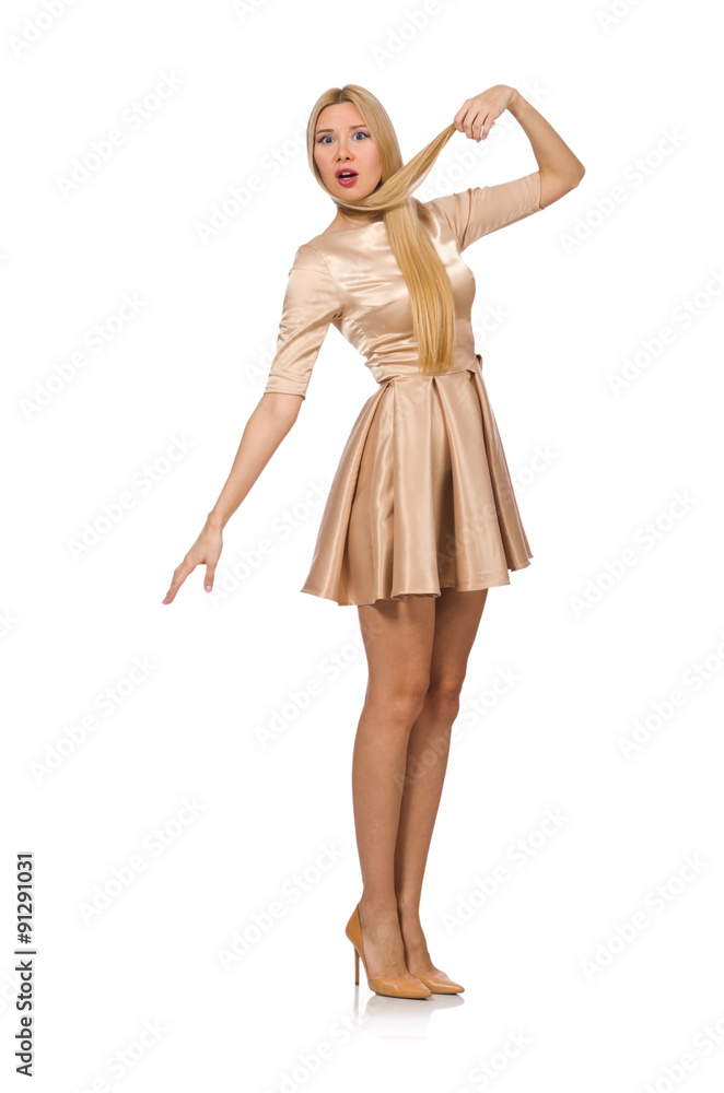 Pretty girl in satin mini dress isolated on white