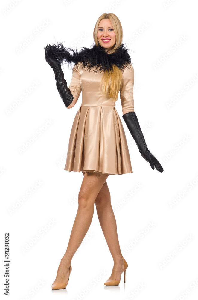 Pretty girl in satin mini dress isolated on white Pretty girl in satin mini dress isolated on white