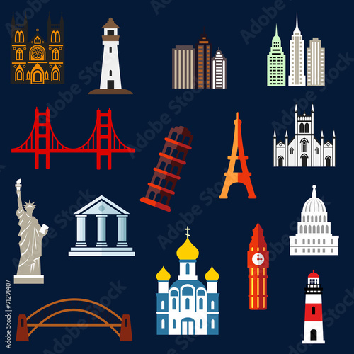 World travel landmarks flat icons