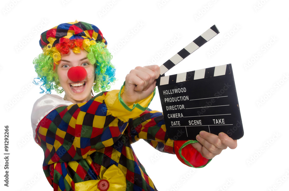 Clown with movie clapper isolated on white Clown with movie clapper isolated on white