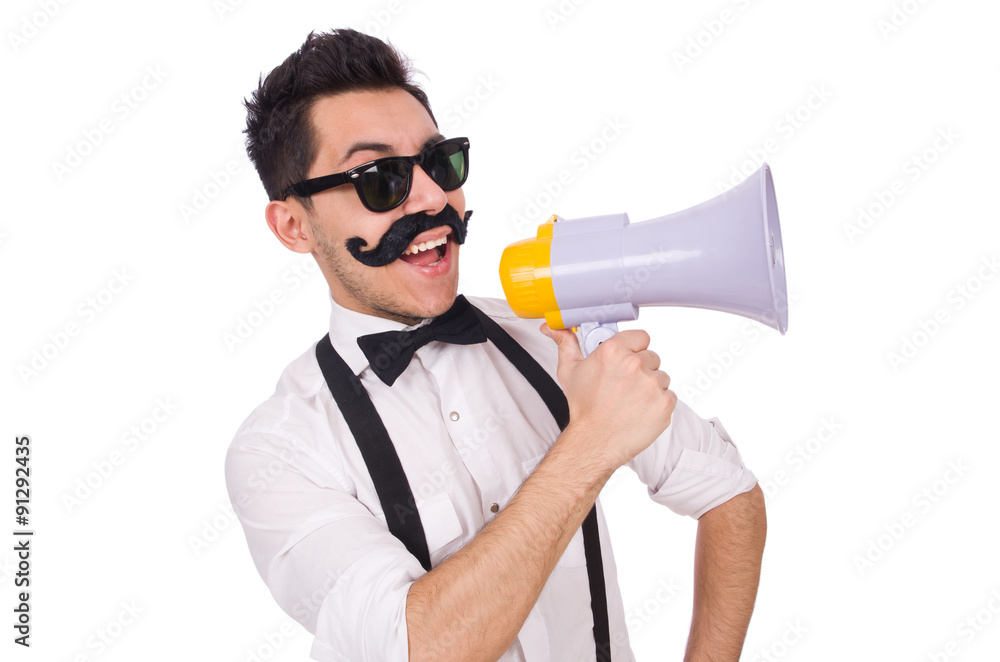 Emotional man with loudspeaker isolated on white Emotional man with loudspeaker isolated on white
