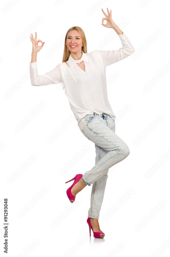 Pretty woman in blue jeans isolated on white Pretty woman in blue jeans isolated on white