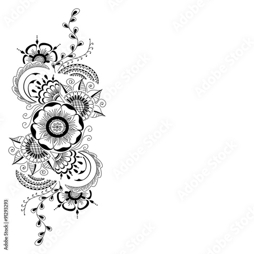 Hand-drawn abstract floral background  in mehndi style. Design element for greeting card,  invitation, Floral border.