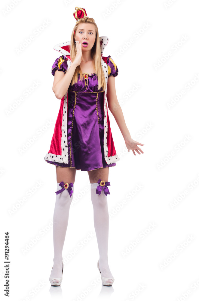 Cute girl in purple masquerade dress and crown isolated on white Cute girl in purple masquerade dress and crown isolated on white