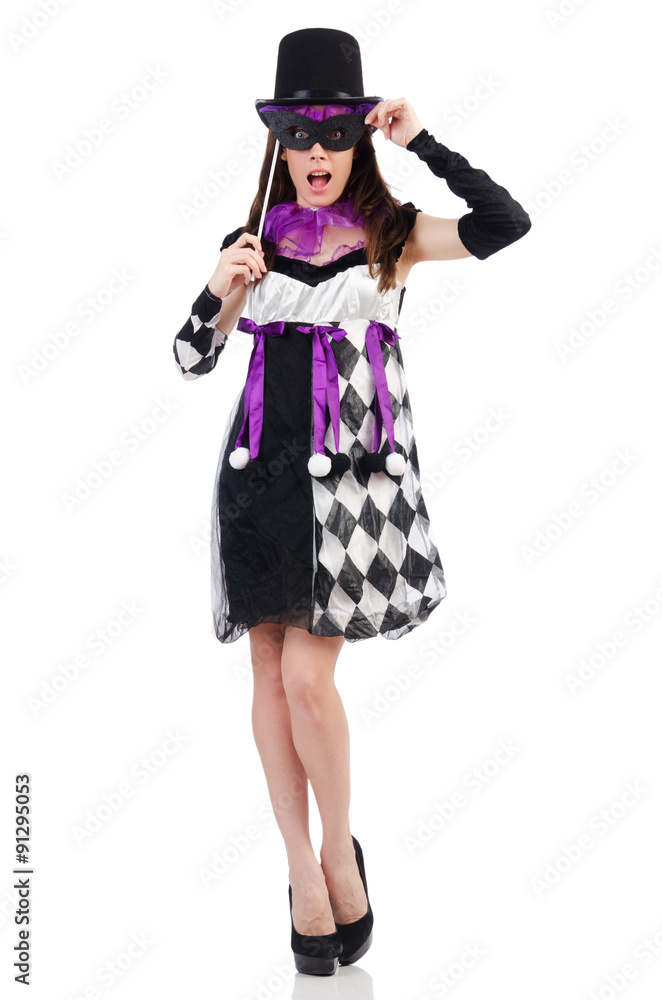 Pretty girl in jester costume isolated on white Pretty girl in jester costume isolated on white