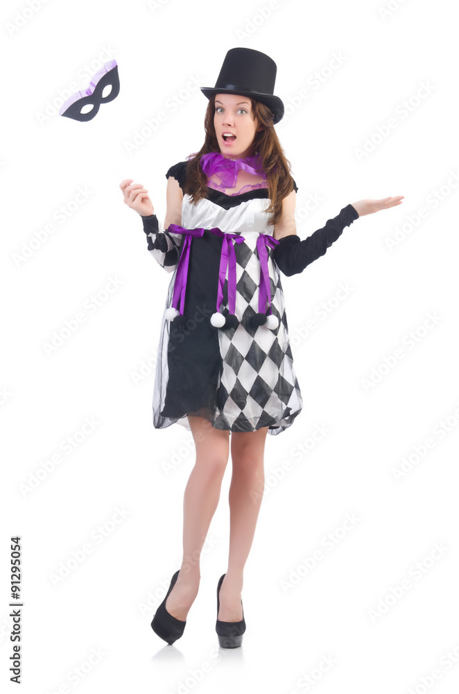 Pretty girl in jester costume with mask isolated on white Pretty girl in jester costume with mask isolated on white