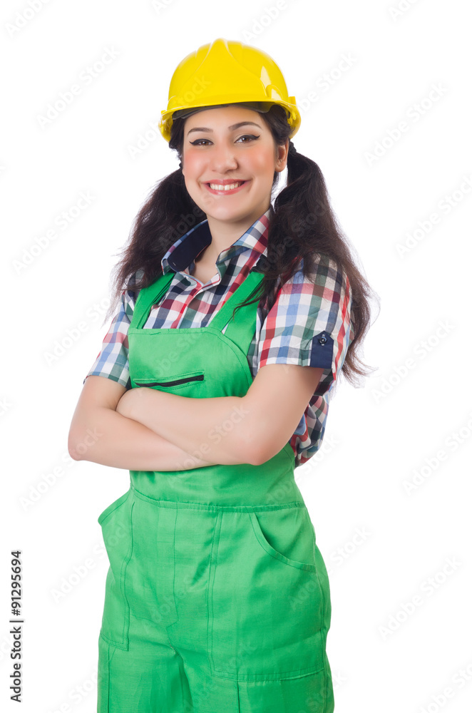Female workman in green overalls isolated on white Female workman in green overalls isolated on white