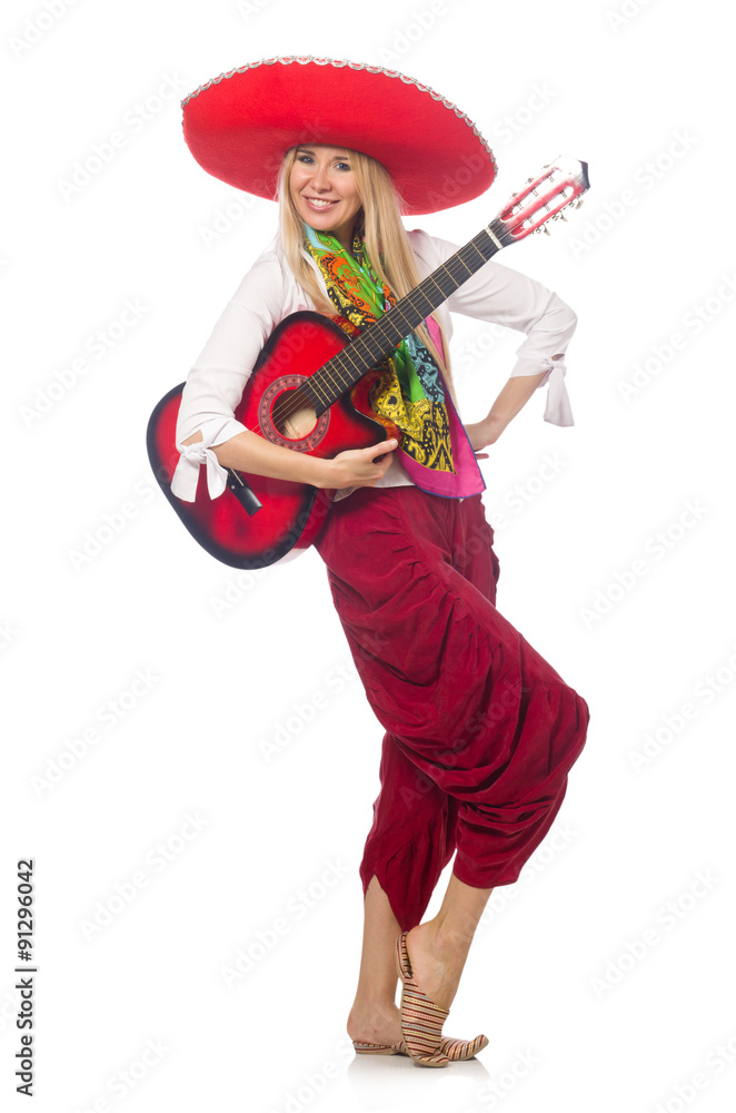 Woman wearing guitar with sombrero Woman wearing guitar with sombrero