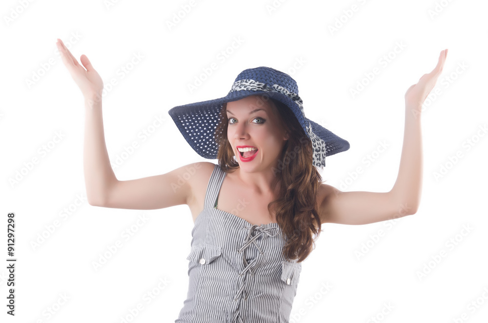 Young woman wearing hat and gray striped dress isolated on white Young woman wearing hat and gray striped dress isolated on white