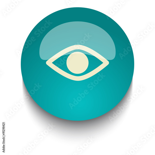 Eye vector icon on blue green glossy glass button on white backg