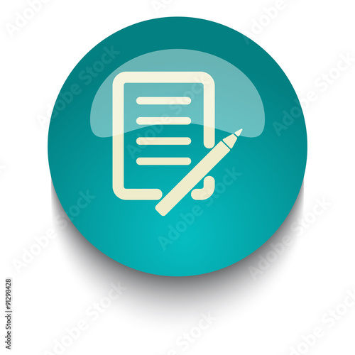 Pen And Paper vector icon on blue green glossy glass button on w