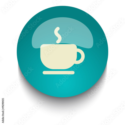 Coffee vector icon on blue green glossy glass button on white ba