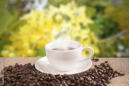Hot coffee with nature background