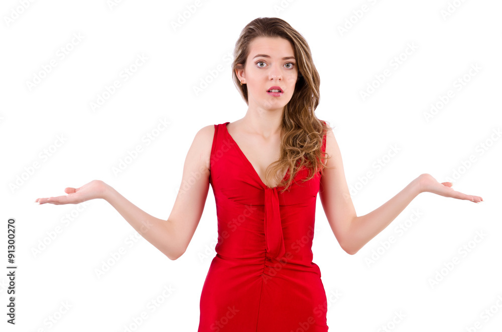Young woman in red dress isolated on white Young woman in red dress isolated on white