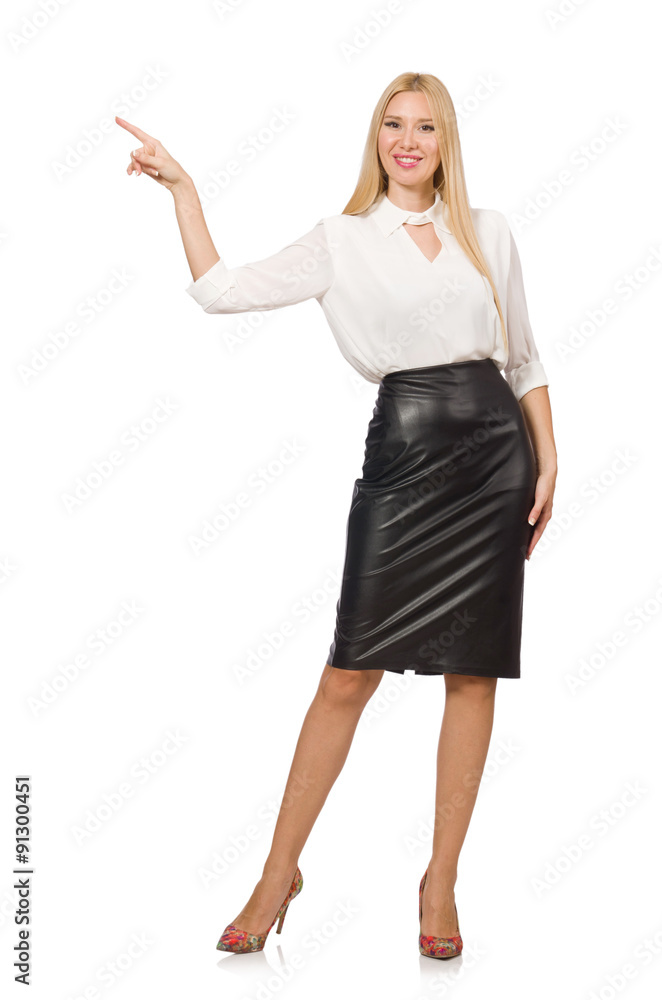 Pretty woman in leather skirt isolated on white Pretty woman in leather skirt isolated on white