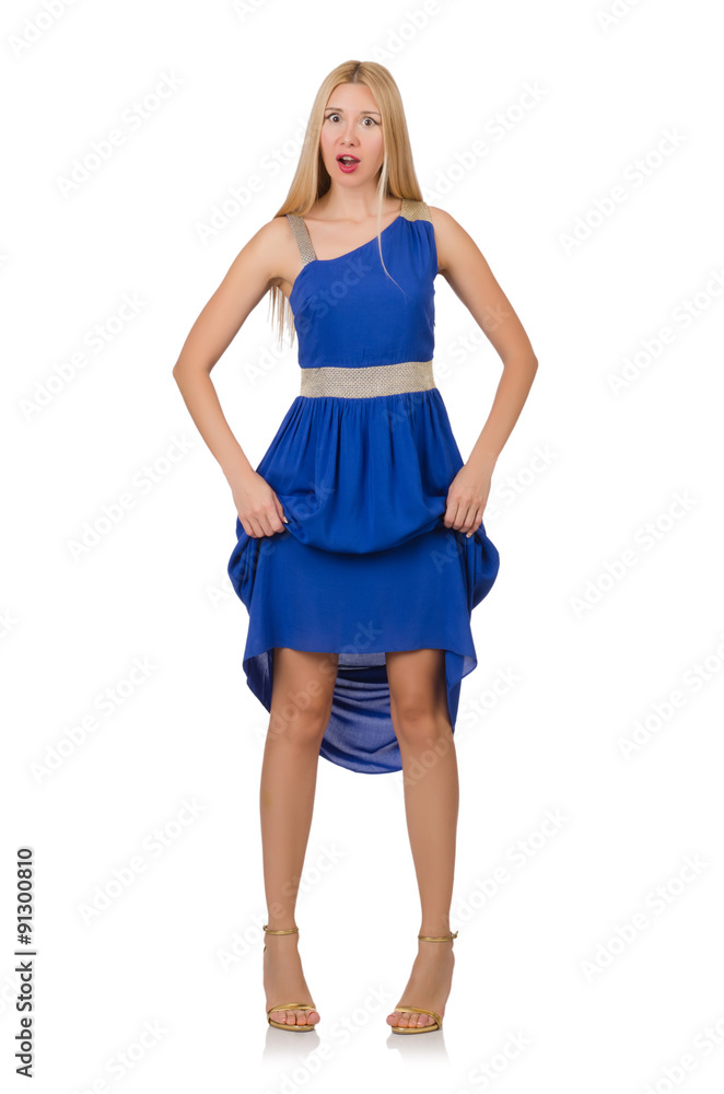 Beautiful woman in long blue dress isolated on white Beautiful woman in long blue dress isolated on white