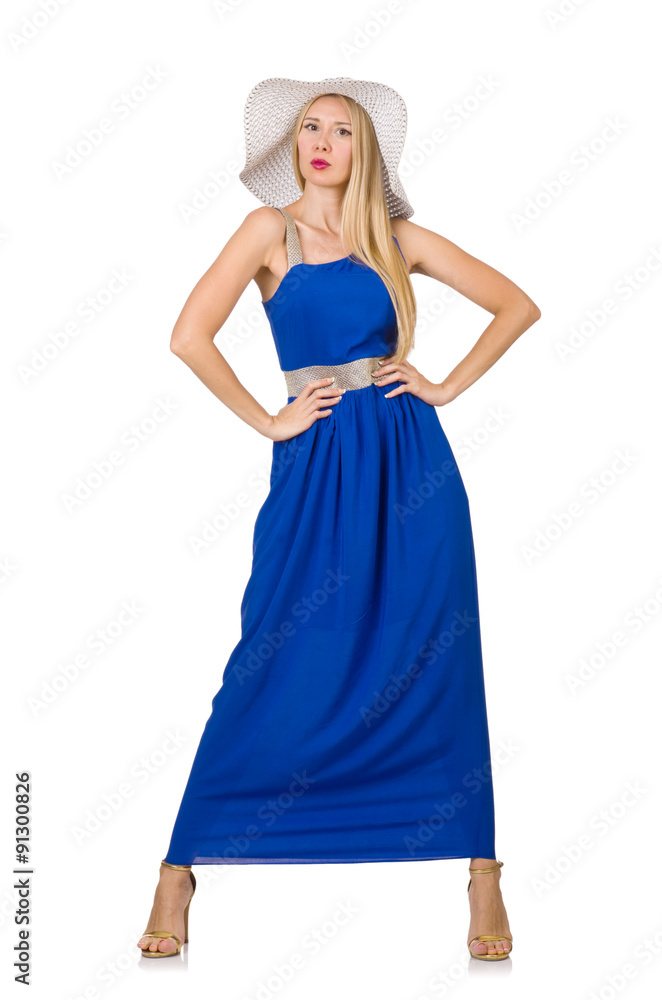 Beautiful woman in long blue dress isolated on white Beautiful woman in long blue dress isolated on white