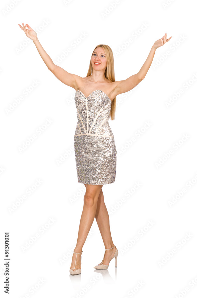 Young woman in silver dress isolated on white Young woman in silver dress isolated on white