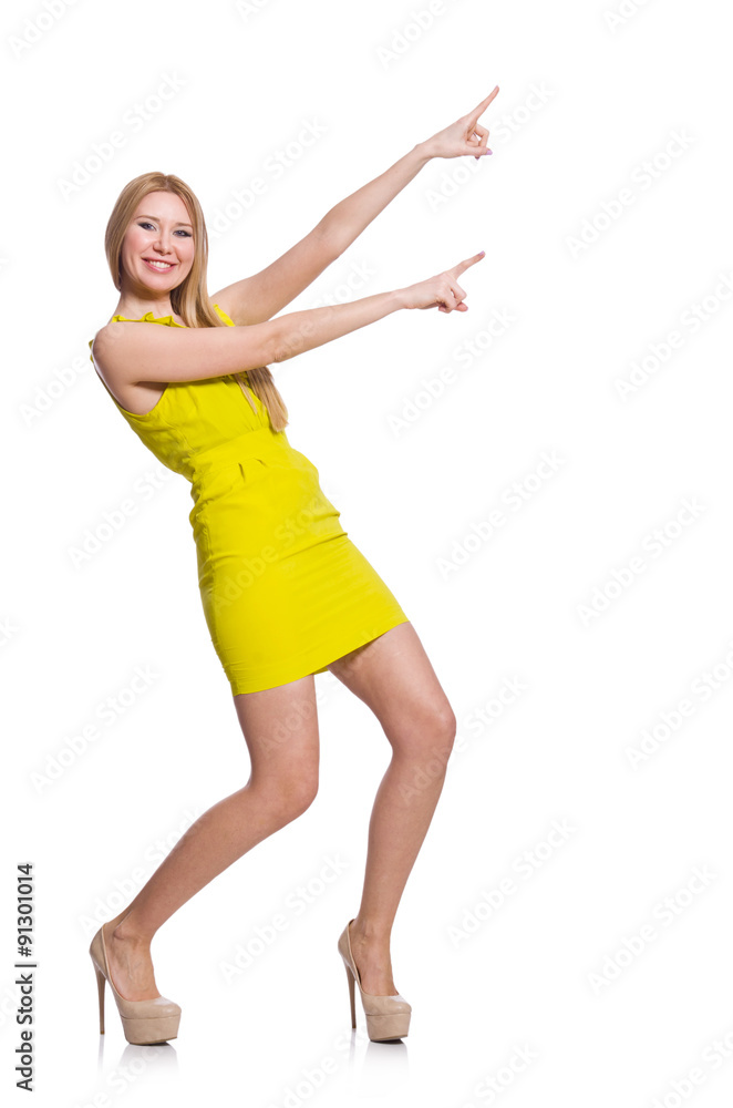 Pretty tall woman in short yellow dress isolated on white Pretty tall woman in short yellow dress isolated on white