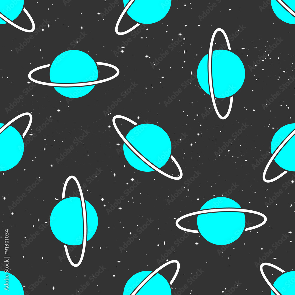 Fototapeta premium Seamless cosmic pattern with cute blue planets on a black starry sky background in pop-art style