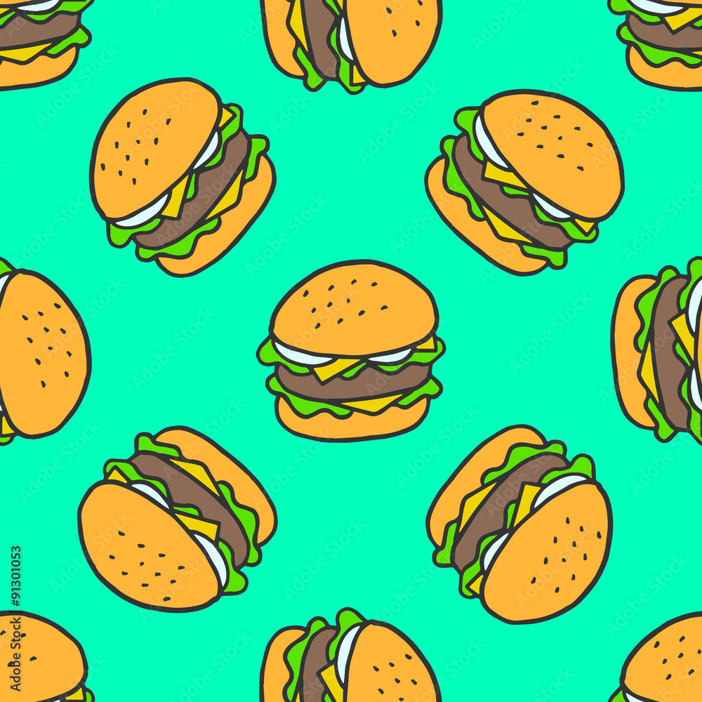 Colorful seamless pattern of fast food burgers in pop-art style