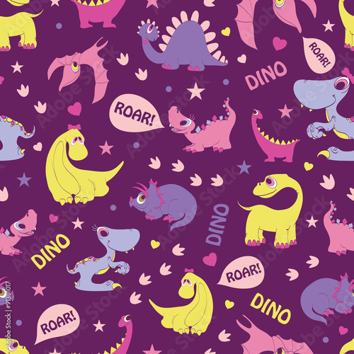 Vector Girly Dinosaurs Roaring Seamless Pattern. Blue