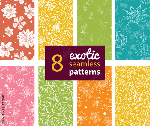Vector Exotic Flowers Eight Set Seamless Patterns. Succulent