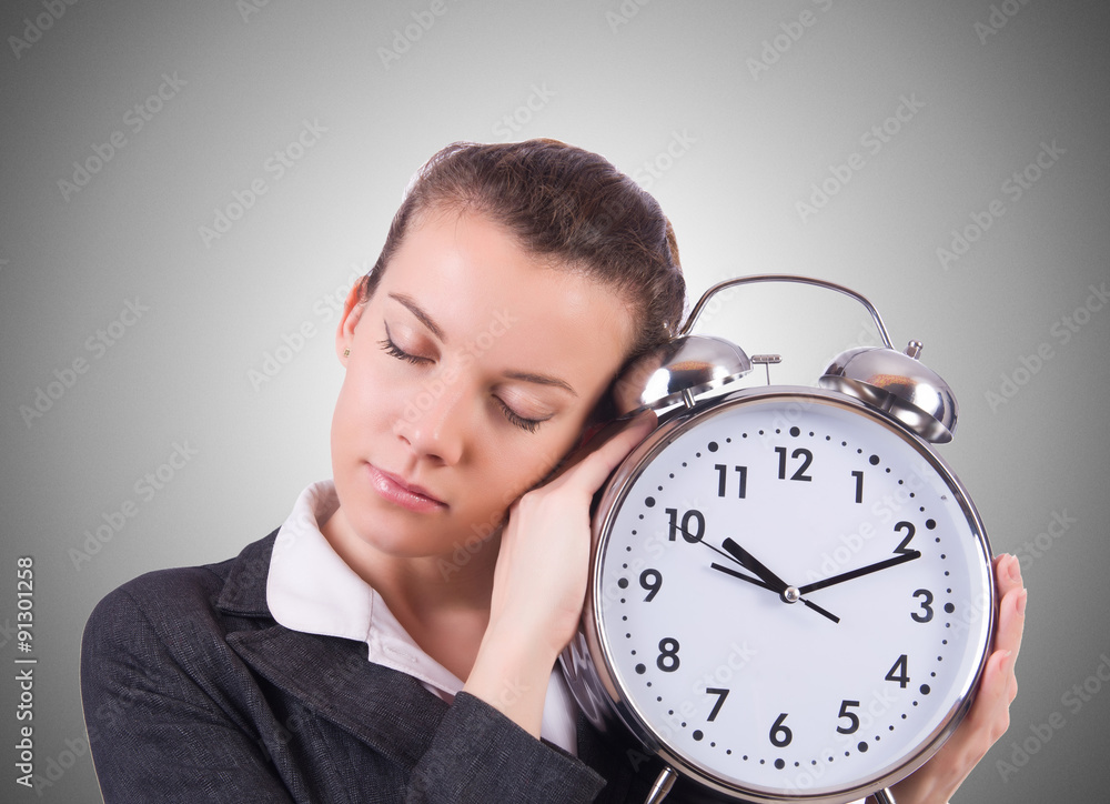 Woman with giant clock on white Woman with giant clock on white