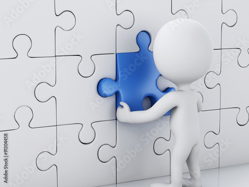 3d white people assemble piece of a puzzle.