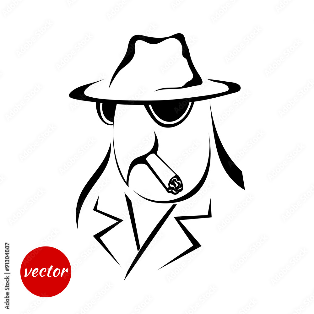 Sketch bird in the coat, hat and cigar isolated on a white backg Sketch bird in the coat, hat and cigar isolated on a white backg
