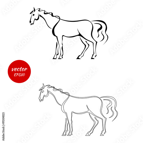 A set of silhouettes of horse with beautiful mane isolated on wh