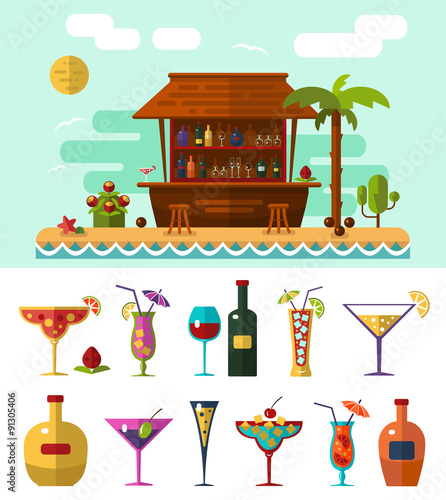 Flat style vector illustration of cocktail bar on tropical beach, summer vacation. Ocean cost, palm with coconut and cocktails icons.