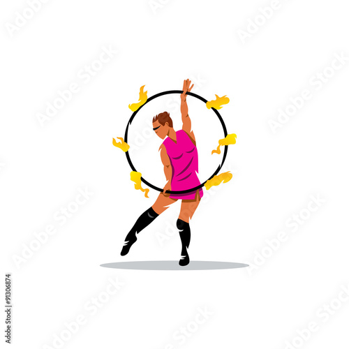 Fakir show sign. Girl with flaming hoop. Vector Illustration.