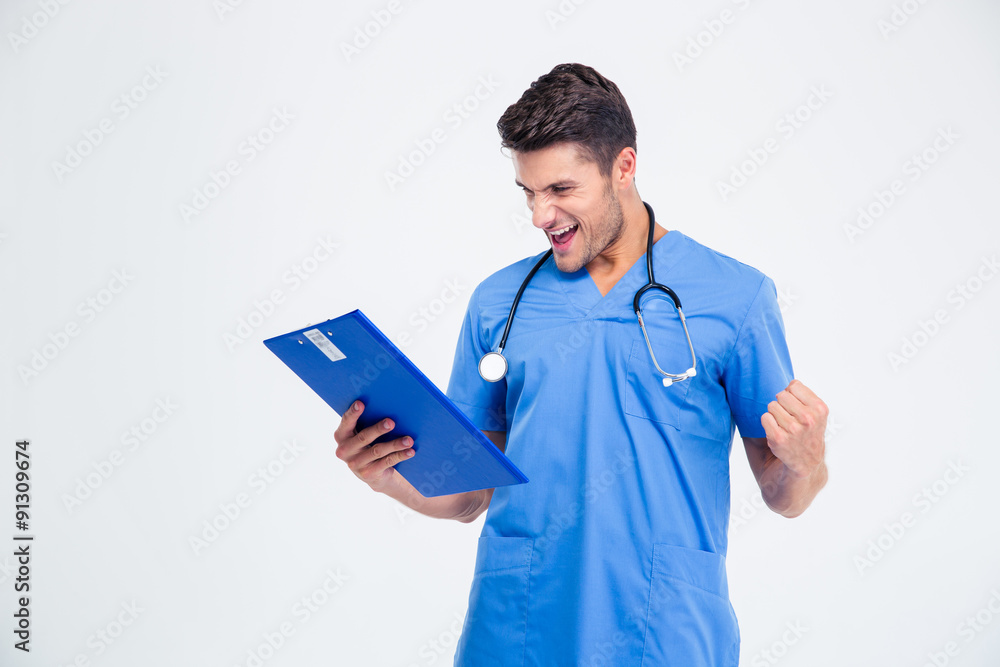 Male doctor holding clipboard and celebrating his success Male doctor holding clipboard and celebrating his success